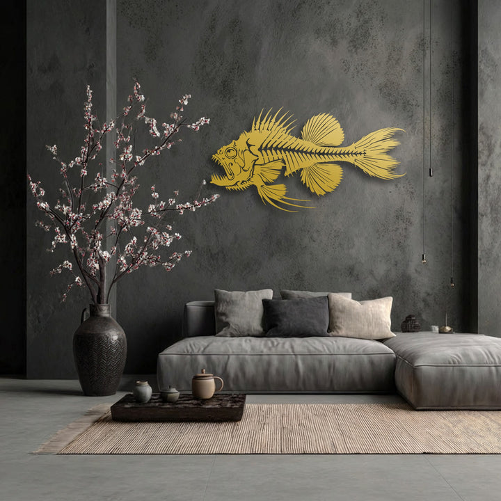 The darkest area shows a rich, charcoal-toned wall highlighting a striking predator fish skeleton decorative metal art.