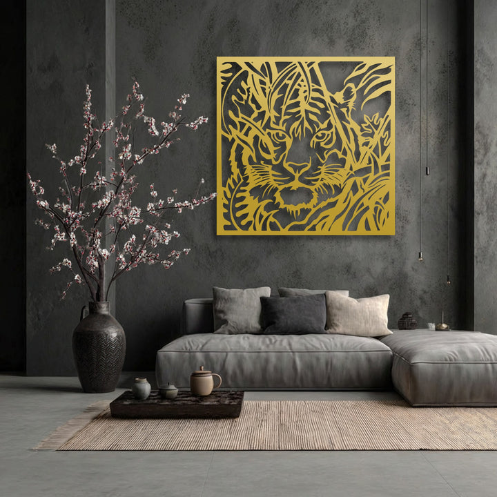 The vibrant golden tiger in foliage metal wall art, a striking decoration wall art piece, dominates the textured dark wall.