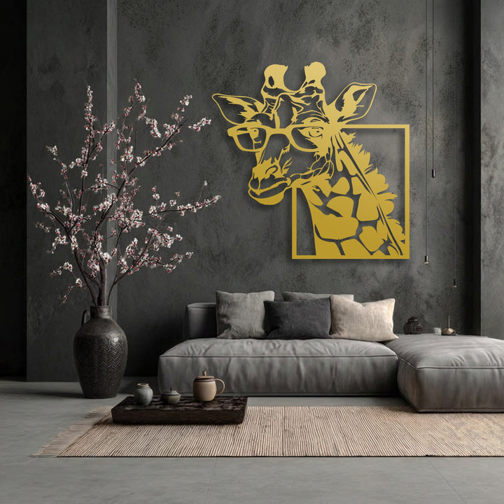 The realistic detail of the stylish giraffe with glasses metal artwork truly pops against the dark wall, bringing modern charm.