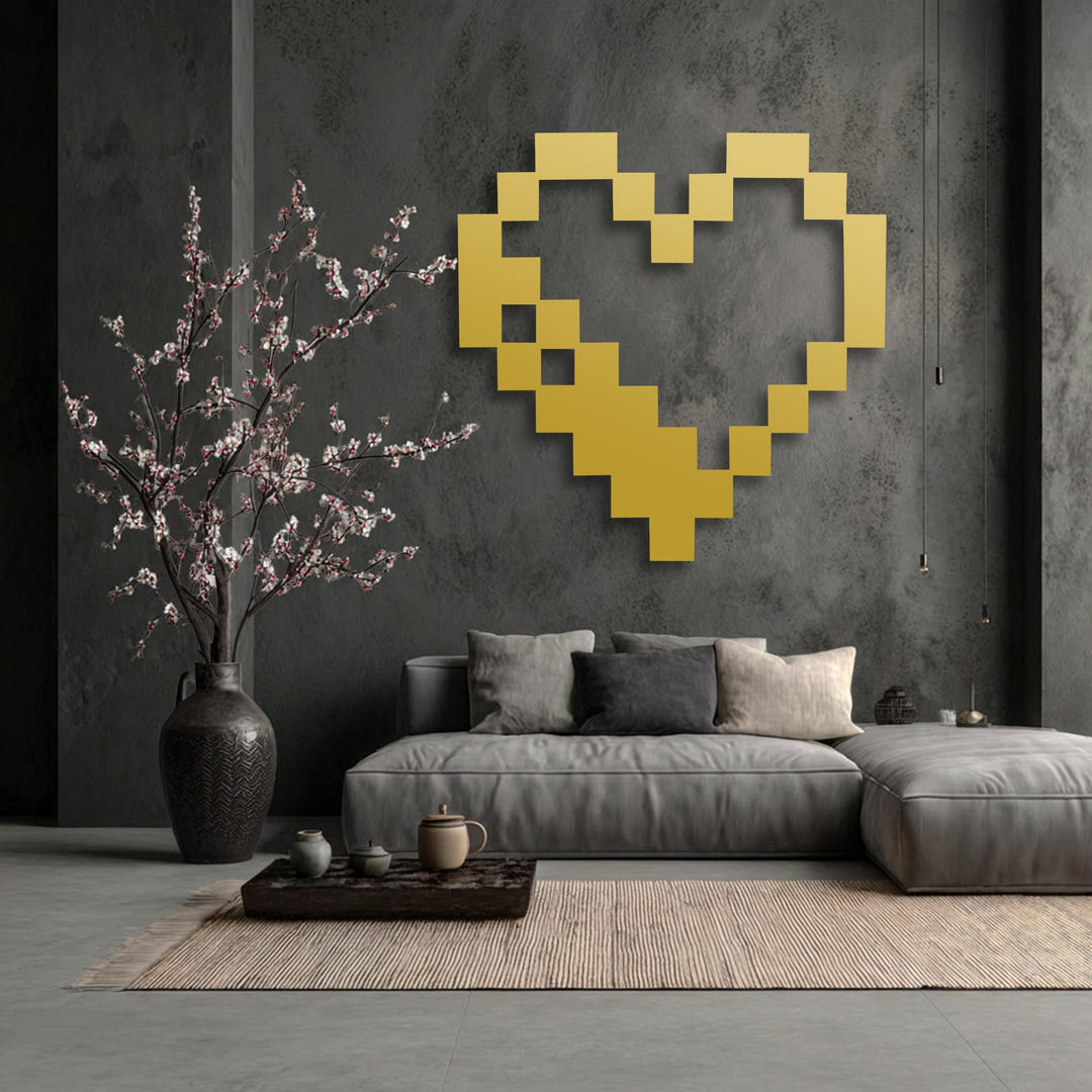 The cool color temperature of the dark gray setting is dramatically warmed by the golden pixel heart decoration wall art, for retro gaming.