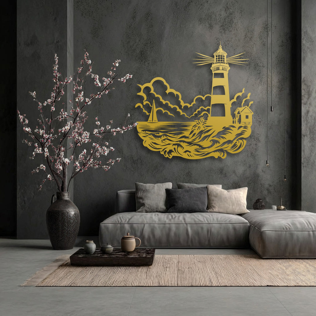 Featuring intricate layers of a coastal lighthouse scene with a sailboat and dynamic ocean waves, this striking metal wall decor adds profound depth.