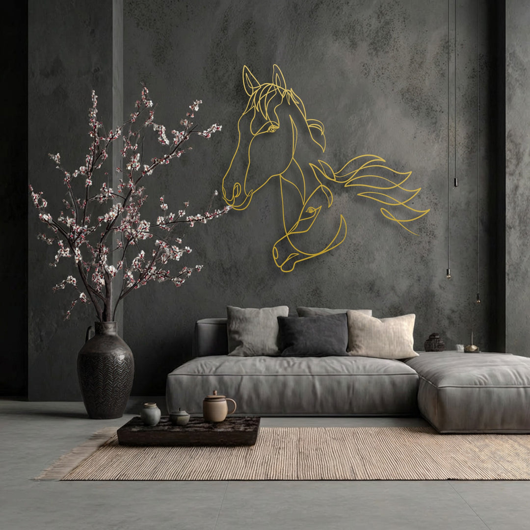The sense of movement is evident in the gracefully flowing lines of the minimalist dual horse decorative metal art.