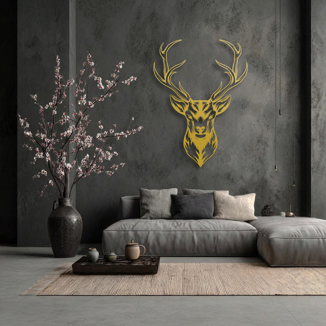 The majestic deer head decorative metal art, with its dynamically sculpted antlers, evokes a powerful sense of wild, untamed movement.