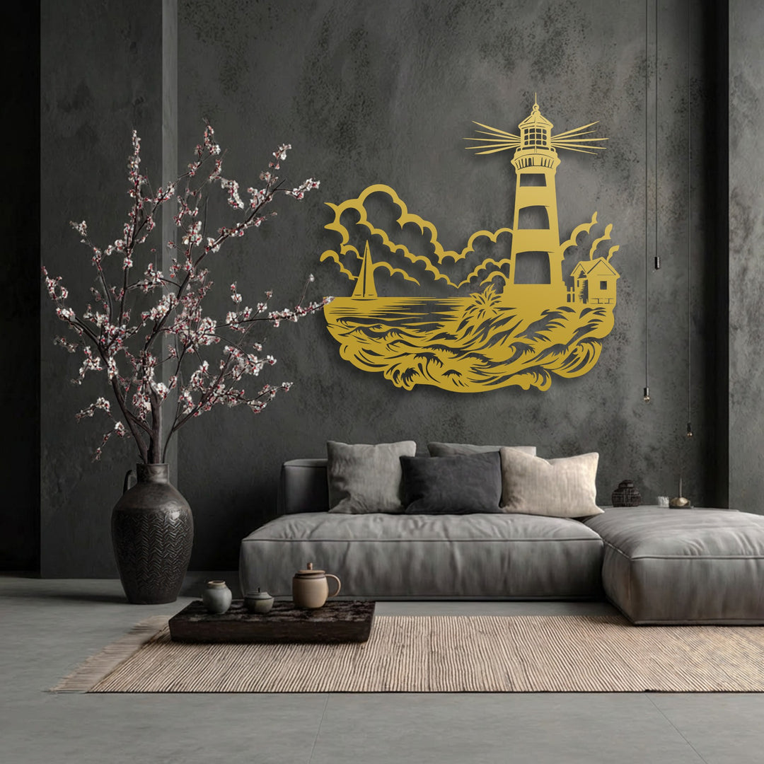 The stark negative space dramatically shapes the golden lighthouse, sailboat, and rolling ocean waves in this intricate metal art for wall.