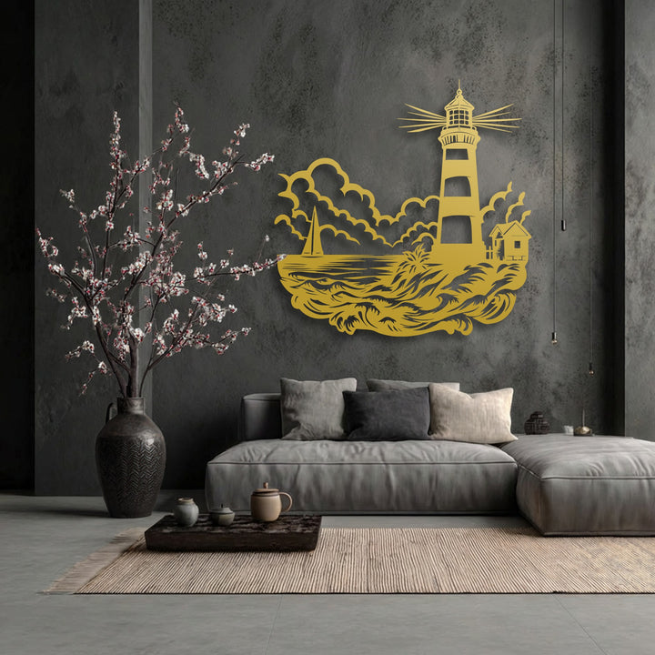 The stark negative space dramatically shapes the golden lighthouse, sailboat, and rolling ocean waves in this intricate metal art for wall.