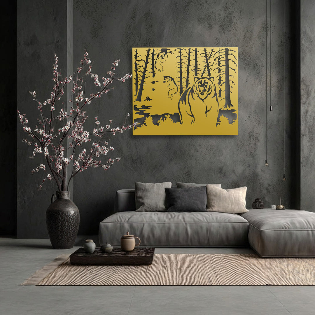 Horizontal rectangular unique metal wall art features a wild forest bear and cubs in a nature wildlife scene, with black silhouettes against a golden background.