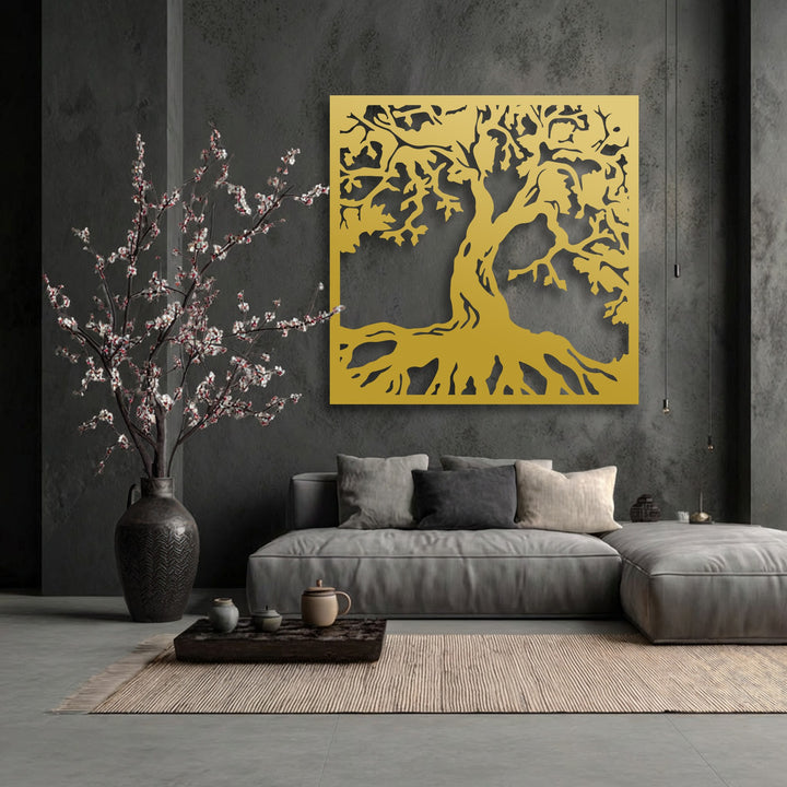 A serene and elegant mood fills the modern living space, highlighted by the striking golden tree decoration wall art and delicate cherry blossoms.