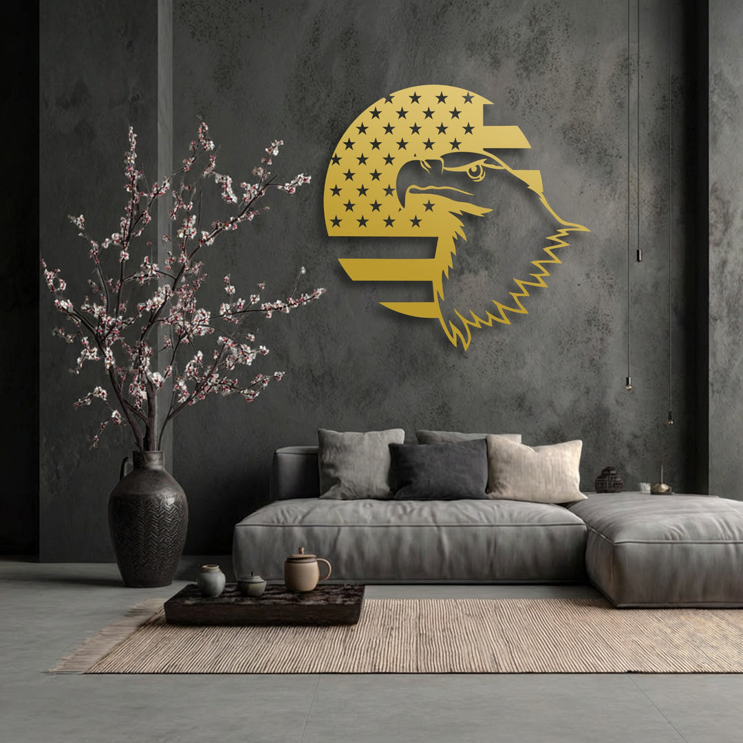 The dynamic transition from the vibrant golden Patriotic Eagle Emblem to the deep charcoal textured wall accentuates this unique metal wall art.