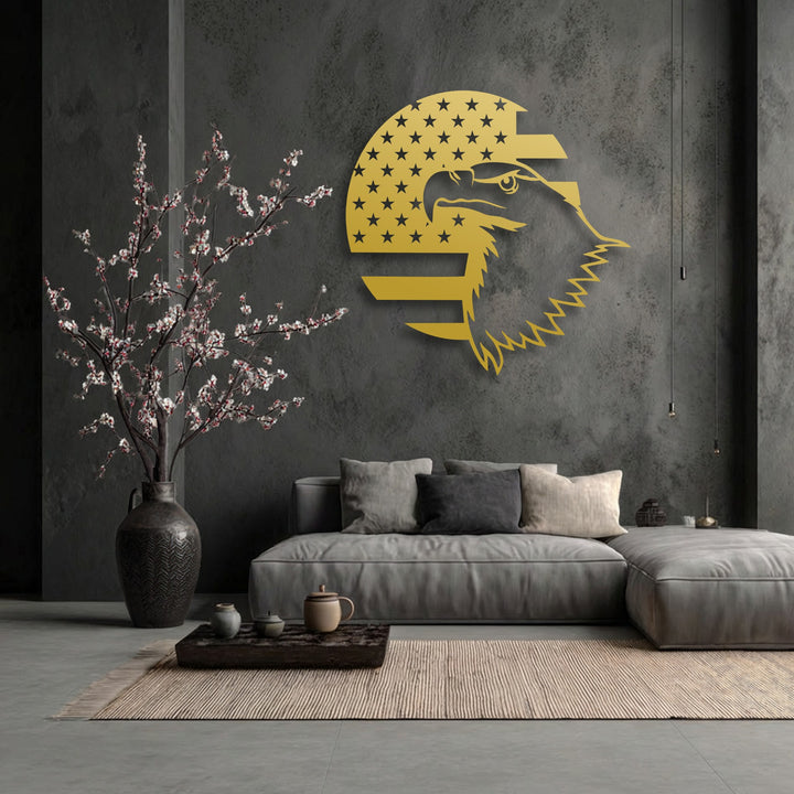 The dynamic transition from the vibrant golden Patriotic Eagle Emblem to the deep charcoal textured wall accentuates this unique metal wall art.