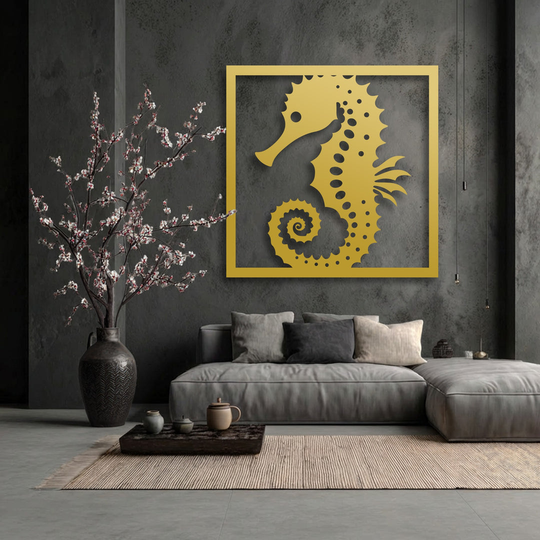 The darkest areas of the room, featuring textured charcoal walls and a deep bronze vase, enhance the golden seahorse decoration wall art.