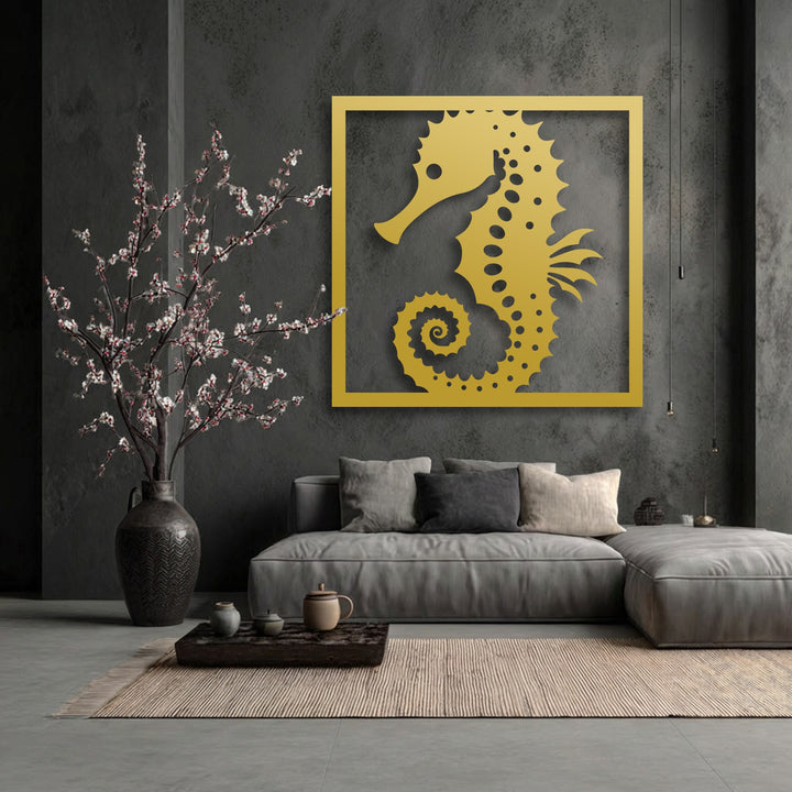 The darkest areas of the room, featuring textured charcoal walls and a deep bronze vase, enhance the golden seahorse decoration wall art.