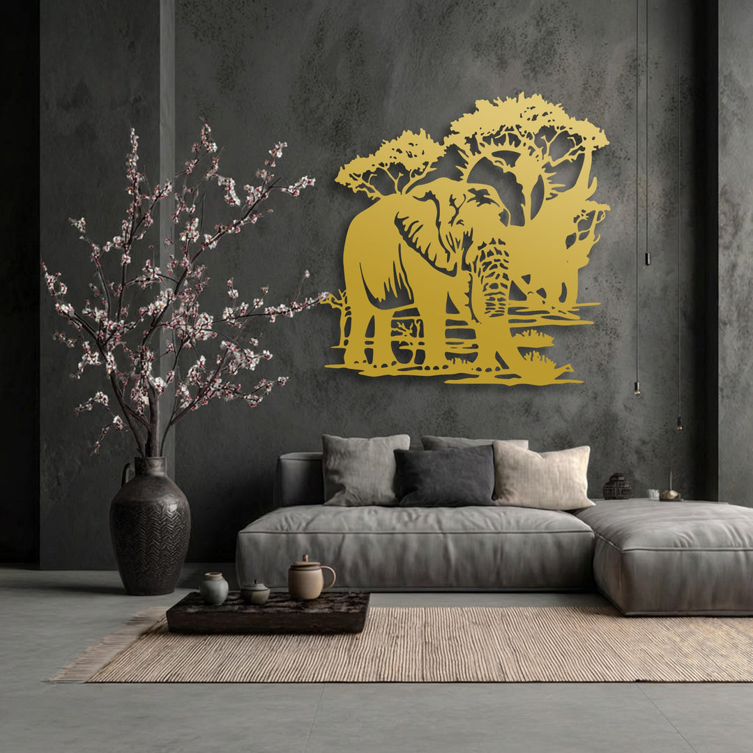 The stillness of a majestic safari landscape is elegantly depicted in this golden elephant metal wall decor, enhancing the tranquil ambiance.