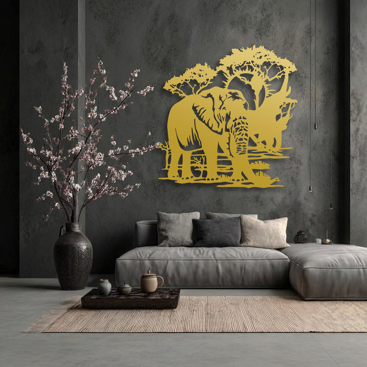 The stillness of a majestic safari landscape is elegantly depicted in this golden elephant metal wall decor, enhancing the tranquil ambiance.