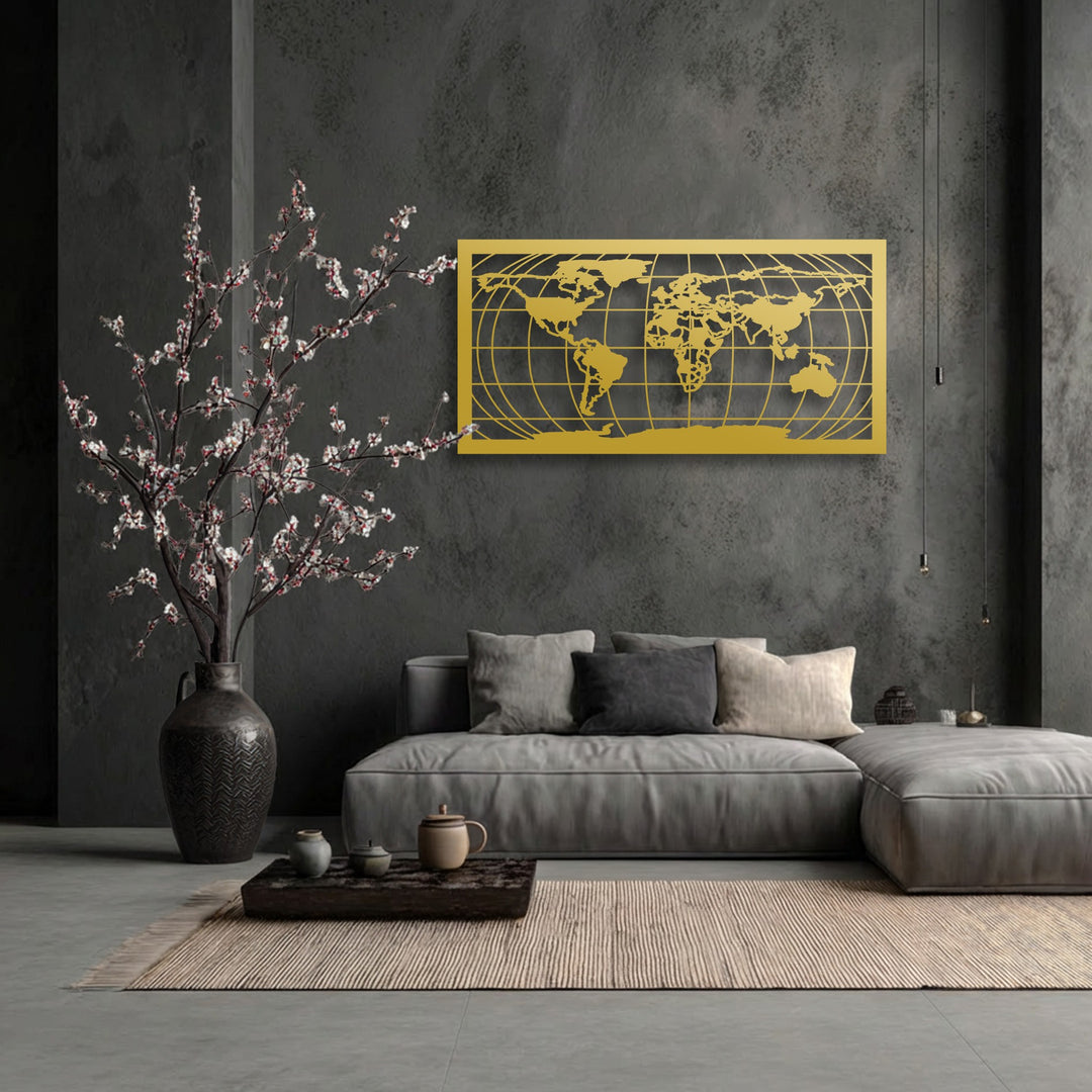 The low color saturation highlights the striking gold World Map Grid Silhouette metal artwork against the muted gray walls in a modern interior.