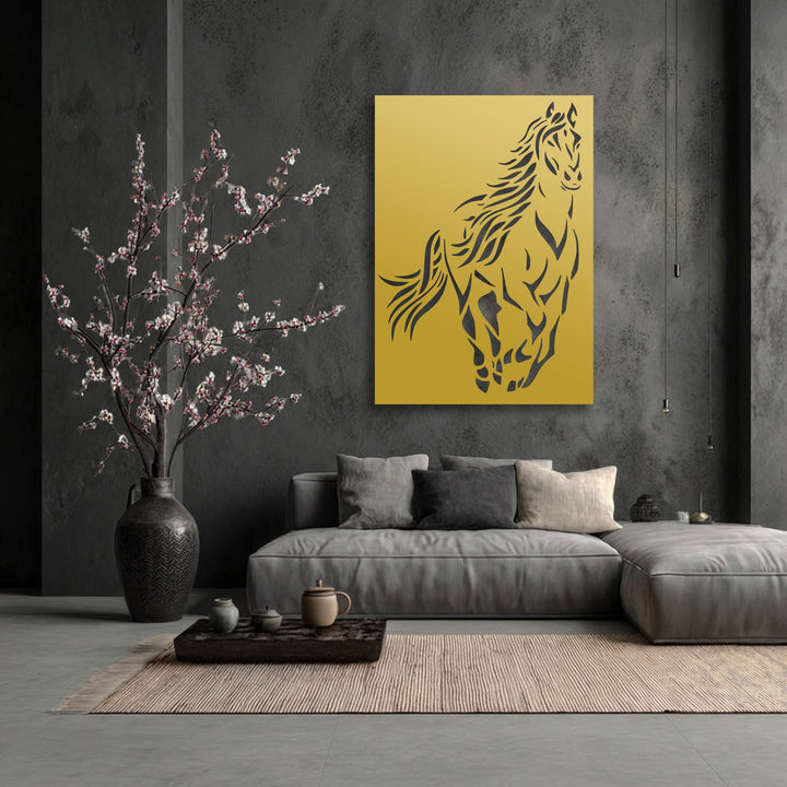 A striking metal artwork showcases a dynamic silhouette of a wild spirit horse on a golden background.