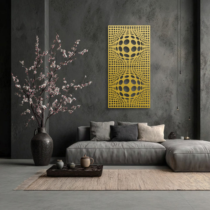 The clean, precise edges and well-defined rectangular borders of the yellow geometric optical illusion metal wall decor feature a captivating dot pattern.