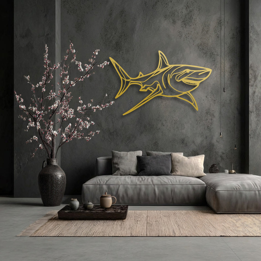 The brightest area features the gleaming gold shark metal decoration wall art, a dynamic ocean predator design.