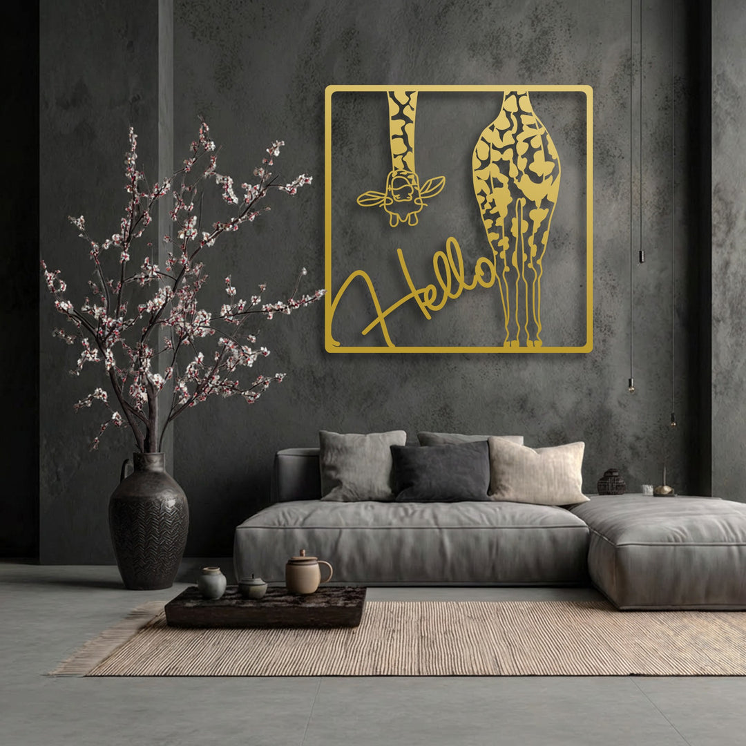 The playful golden 'Hello Giraffe' metal art for wall is the central focus, showcasing a whimsical safari design on a dark textured wall.