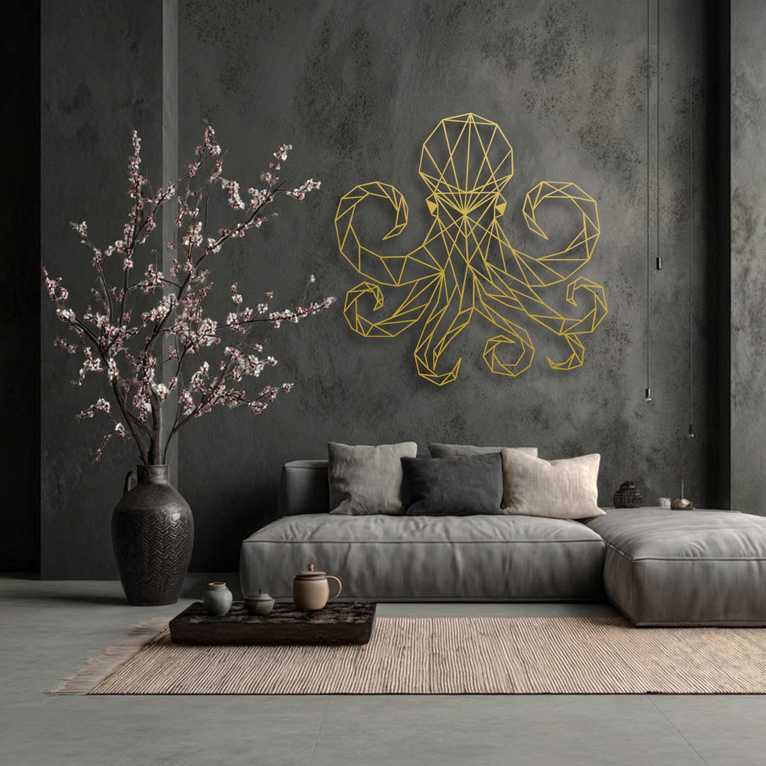 Cool-toned interior featuring a striking gold geometric octopus metal wall decor piece, complemented by subtle warmth from cherry blossoms.