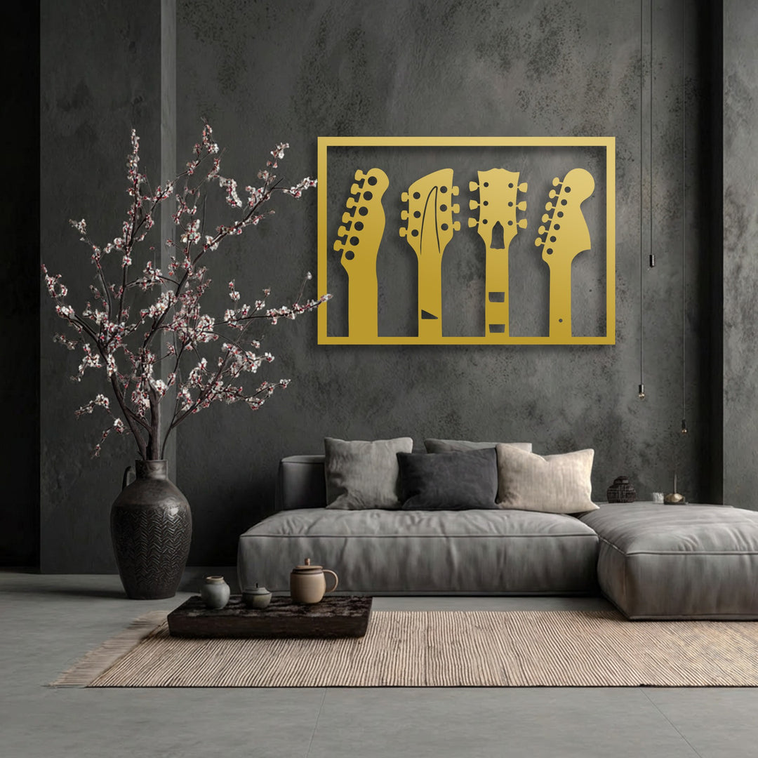The realistic detail of the vibrant golden guitar headstock decorative metal art beautifully contrasts with the textured wall and delicate cherry blossoms.