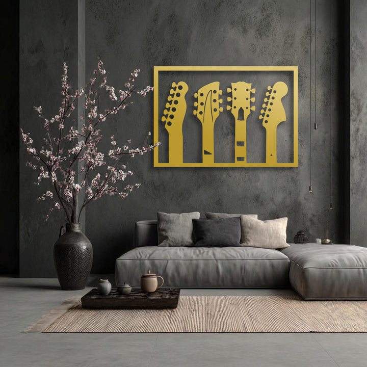 The realistic detail of the vibrant golden guitar headstock decorative metal art beautifully contrasts with the textured wall and delicate cherry blossoms.