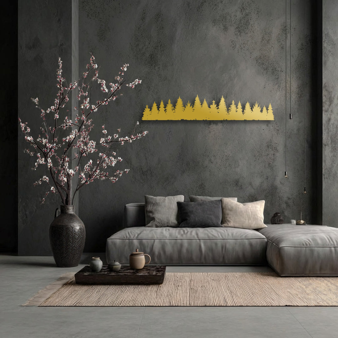 The brightest area showcases a stunning golden pine forest silhouette, an elegant metal wall decor piece, adding minimal nature aesthetic.