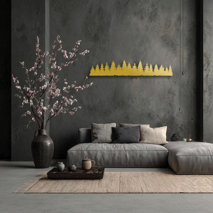 The brightest area showcases a stunning golden pine forest silhouette, an elegant metal wall decor piece, adding minimal nature aesthetic.