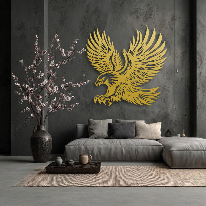 The striking transition between the deep charcoal wall and the vibrant golden majestic eagle metal art for wall creates a bold contrast.