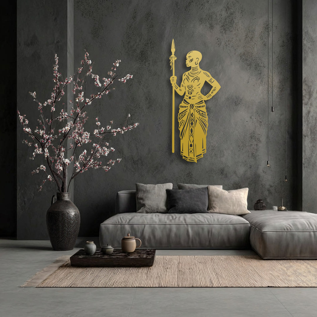 Realistic details of the gold tribal African warrior with spear metal decoration wall art, showcasing intricate cultural patterns.