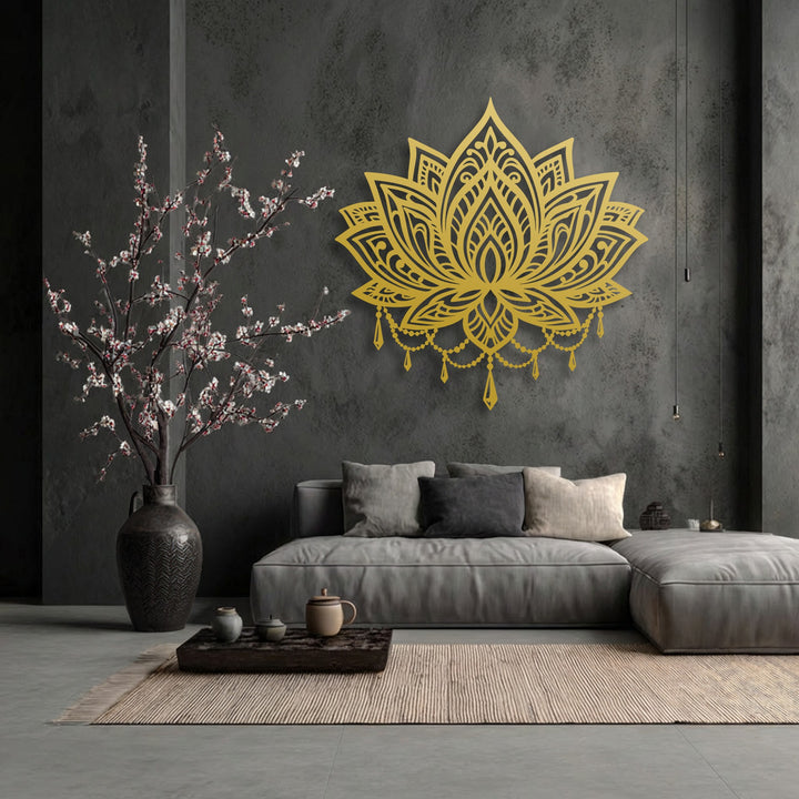 A light beige textured rug with a dark wooden tray and ceramic teaware provides a calming base for the decorative metal art.