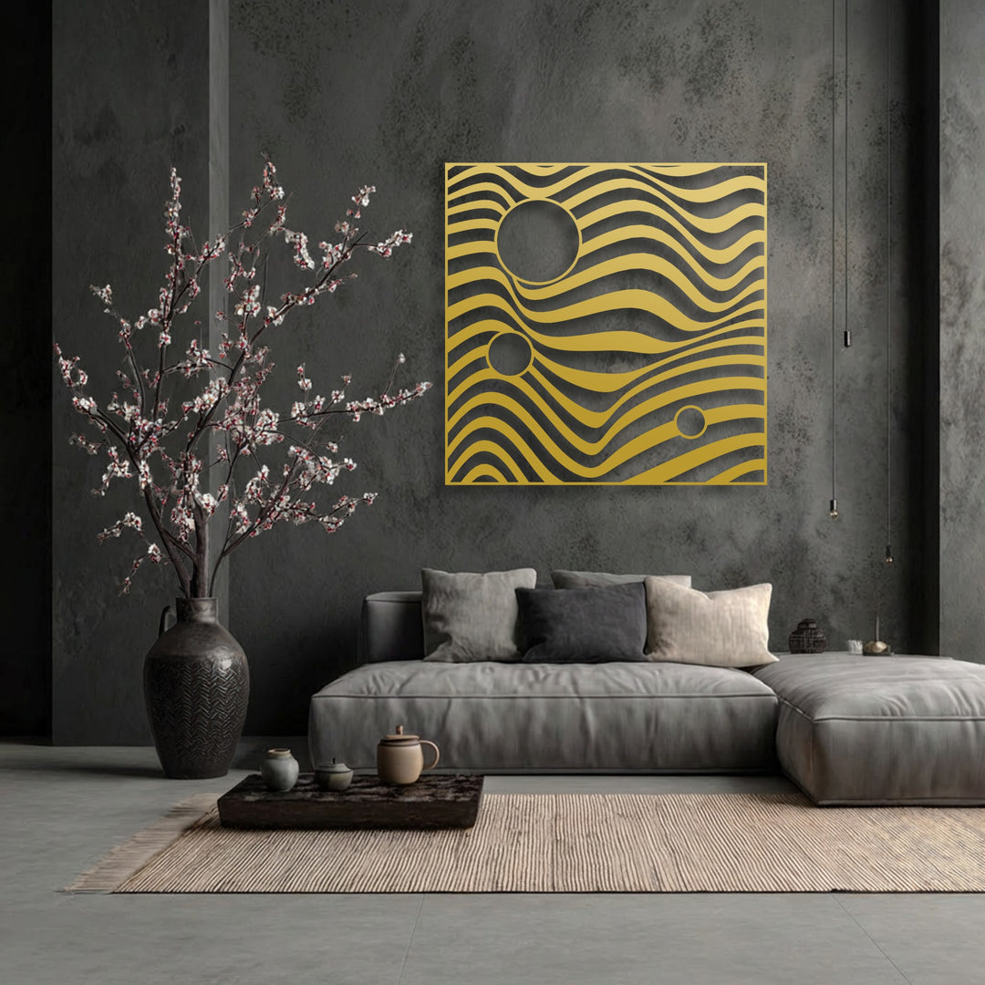 Showcasing profound depth and visual layers, the golden metal decoration wall art features undulating waves and circular cutouts receding into the textured dark wall.