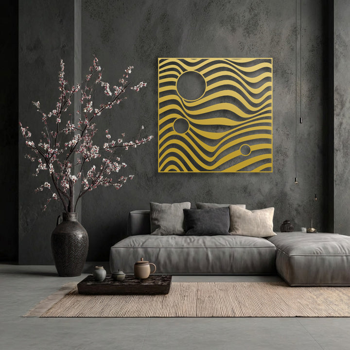 Showcasing profound depth and visual layers, the golden metal decoration wall art features undulating waves and circular cutouts receding into the textured dark wall.