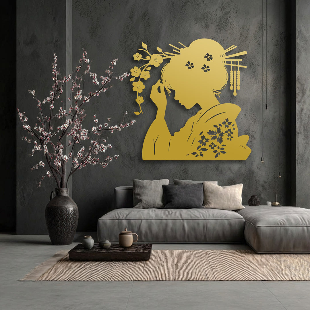 Observe impressive depth with an elegant golden geisha oriental silhouette decoration wall art layered prominently against a dark textured wall.