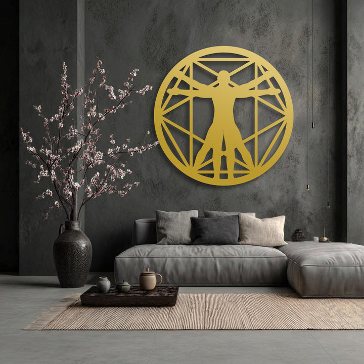 An abstract, geometric Vitruvian Man figure is presented as unique decorative metal art on a dark, textured wall.