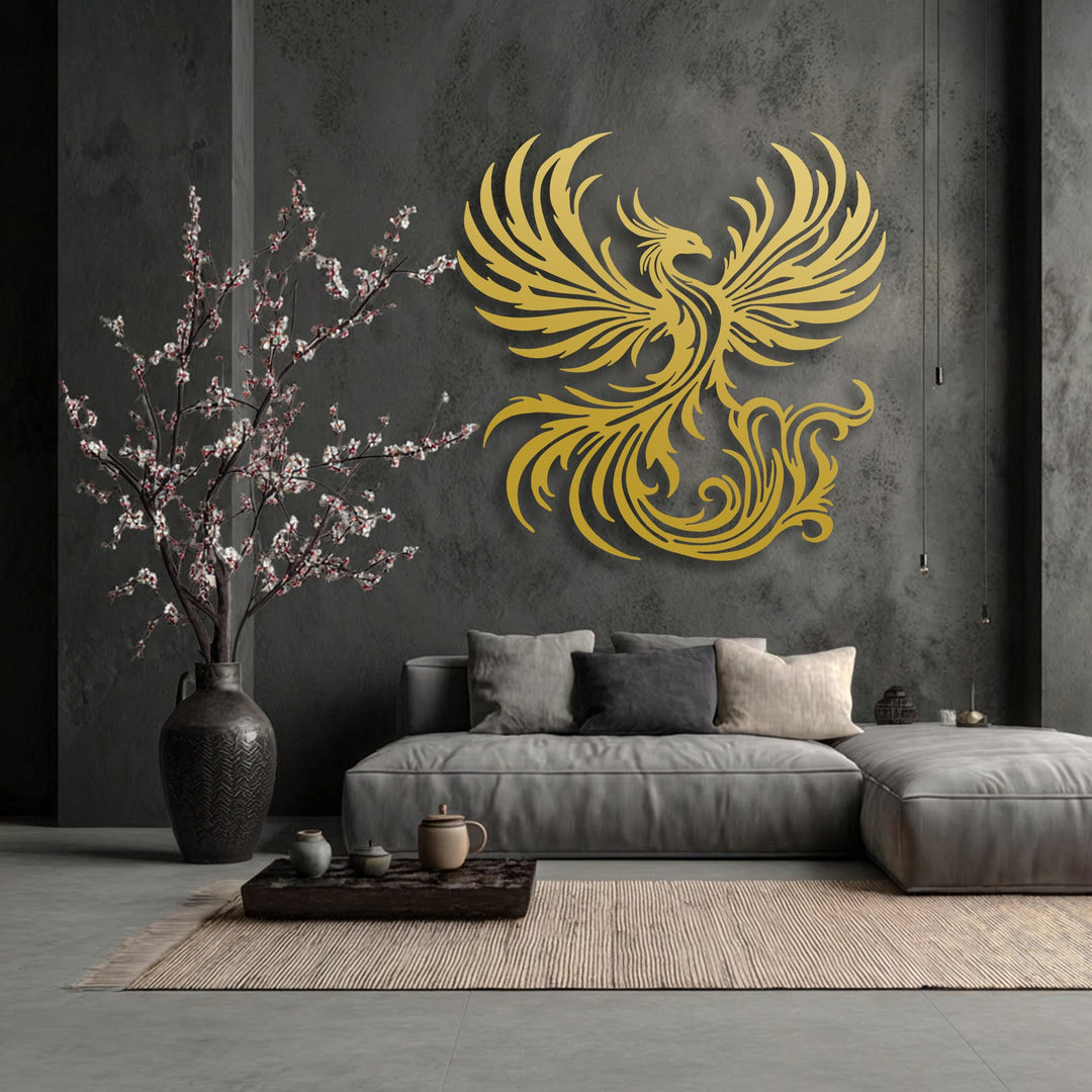 The Phoenix metal art for wall achieves profound depth and layers, with its mythical bird rising design subtly elevated from the textured wall.