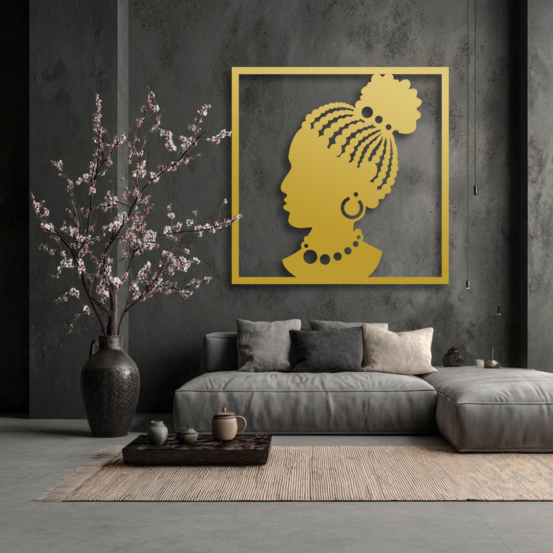 A striped rug and wooden tray with pots foreground the elegant African woman silhouette unique metal wall art.