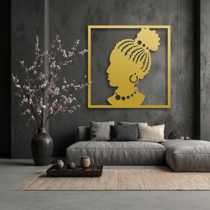 A striped rug and wooden tray with pots foreground the elegant African woman silhouette unique metal wall art.
