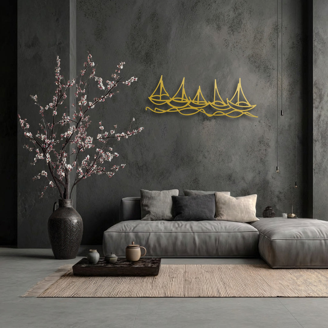 The plush grey sofa cushions offer a comforting softness, grounding the sleek minimal boat line metal wall art as elegant decoration wall art.
