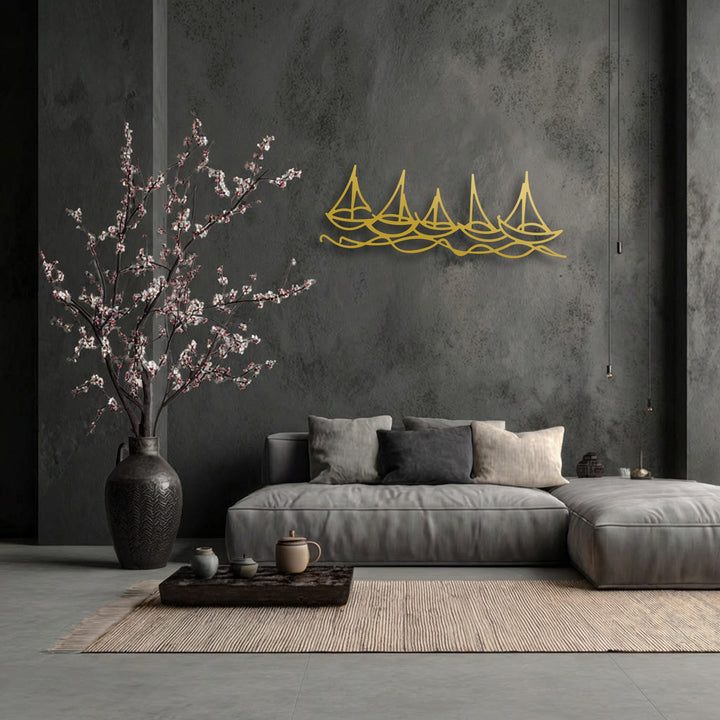The plush grey sofa cushions offer a comforting softness, grounding the sleek minimal boat line metal wall art as elegant decoration wall art.