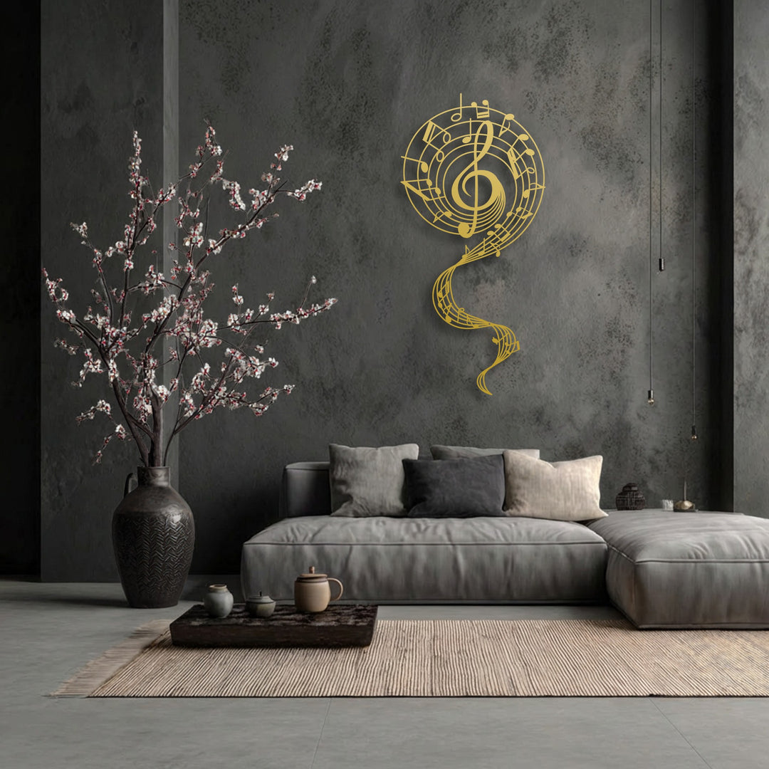 Cool color temperatures define this elegant room, with warm golden tones from the distinct treble clef musical notes metal artwork.