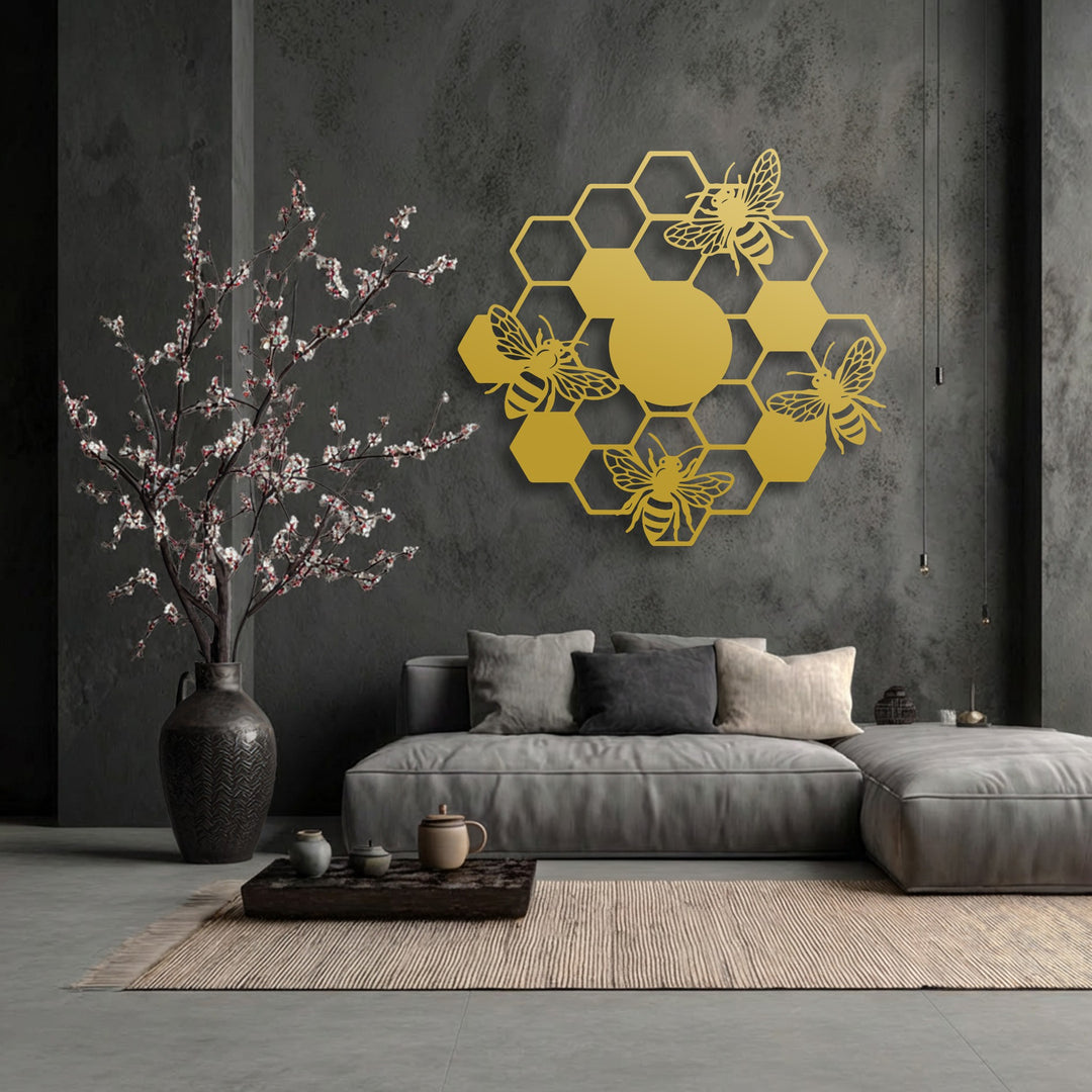 The cool color temperature of the room creates a striking backdrop for the golden honeycomb bees unique metal wall art, enhancing its nature-inspired decor.