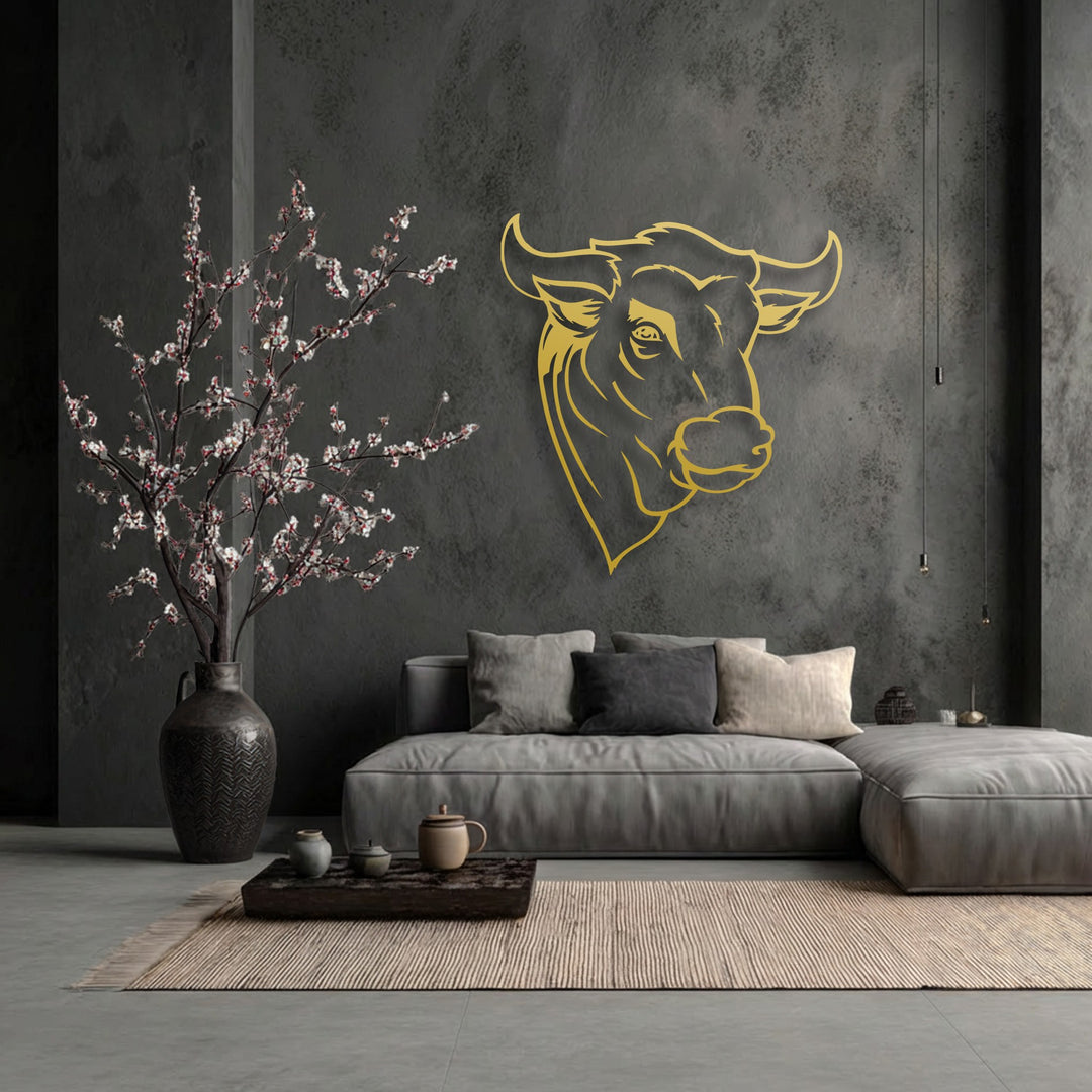 The layering effect is created by the golden Rustic Bull Head decoration wall art, deep behind blooming branches and in front of subtle pendant lights.
