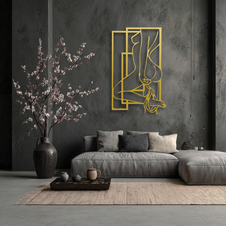 The realistic detail of the golden abstract feminine silhouette decorative metal art vividly captures form against a dark textured wall, adding modern depth.