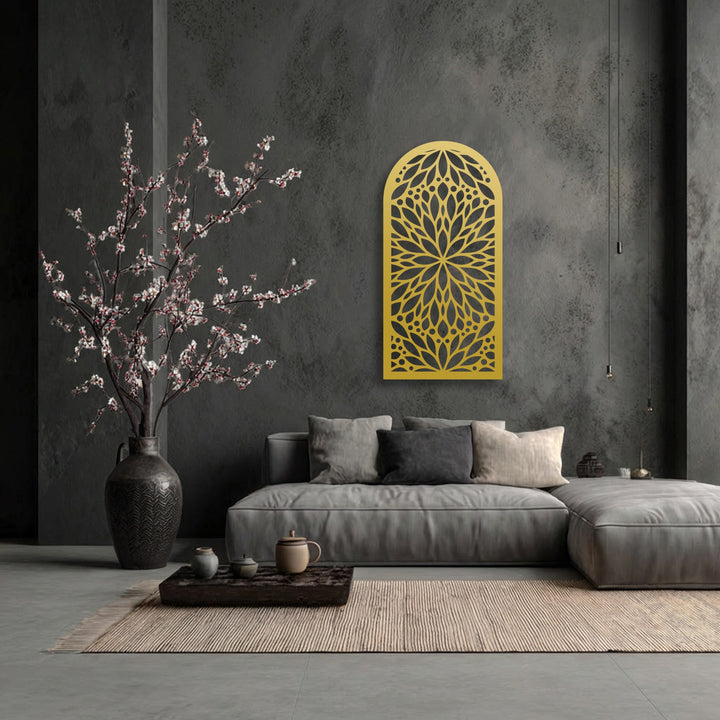 The realistic detail of the sacred bloom arch metal art for wall reveals intricate gold mandala floral patterns on a dark grey textured wall.