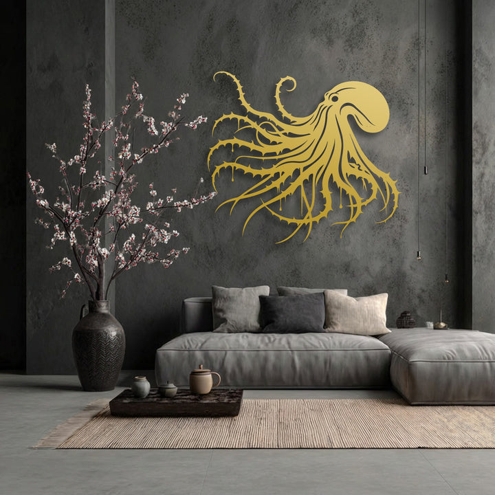 Plush gray cushions and the inviting fabric of the sofa offer a soft contrast to the bold octopus metal wall decor.