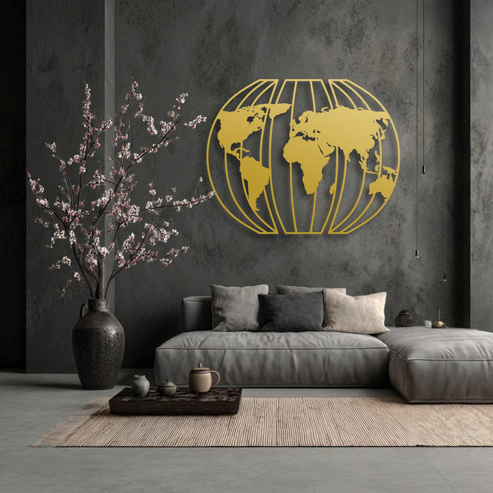 The elegant brushed gold finish of this decorative metal art 3D globe world map creates a stunning focal point on a dark wall.