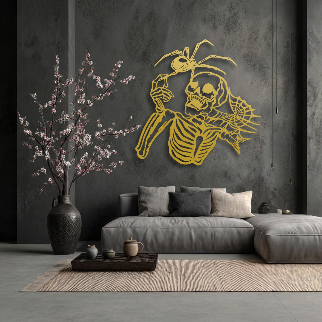 The dynamic interaction between the skeleton and spider in the golden gothic metal decoration wall art conveys a sense of vivid movement.