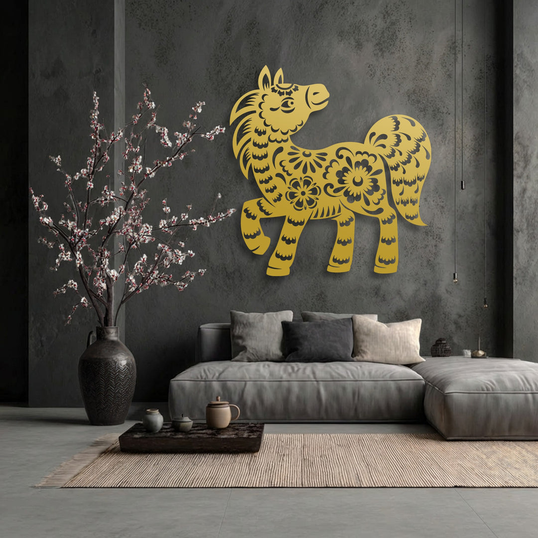 The visual rhythm of the golden floral pony metal wall art is echoed by the delicate branches and striped rug, creating harmonious decoration wall art.