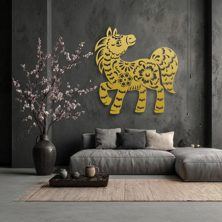 The visual rhythm of the golden floral pony metal wall art is echoed by the delicate branches and striped rug, creating harmonious decoration wall art.