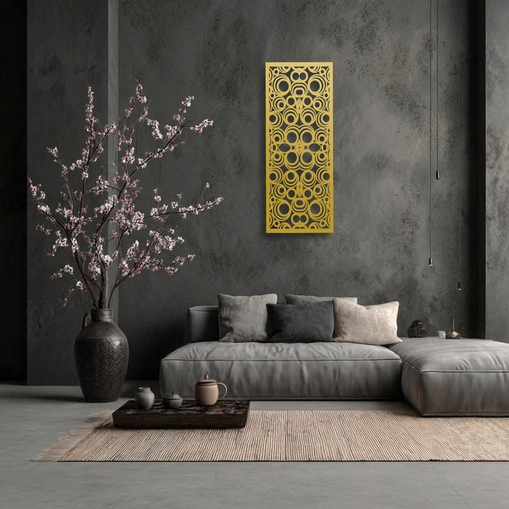 The striking golden Geometric Circle Pattern Metal Wall Art, a prominent piece of decoration wall art, stands out against the dark textured wall.